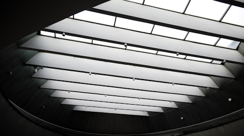 A modern architectural ceiling with large, rectangular skylights arranged in parallel lines, providing natural light to the interior space. The ceiling is bordered by dark walls, and multiple small lights are suspended in between the skylights.