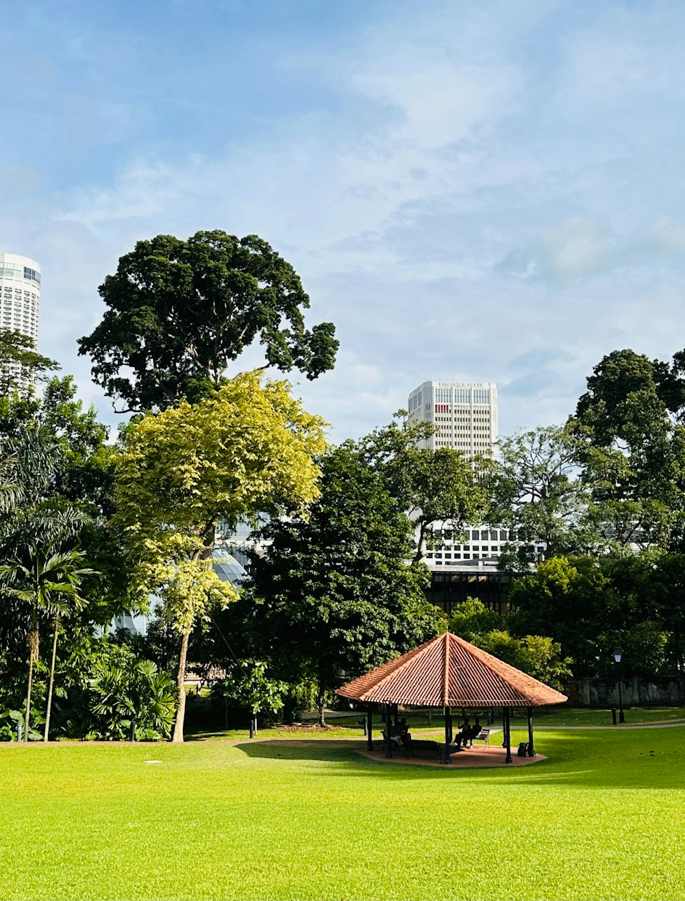 a gazebo in the middle of a park with tall buildings in the background