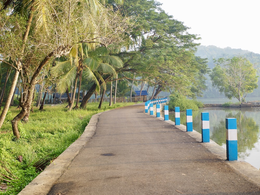 a blue and white striped road next to a body of water