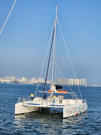 A catamaran with colorful designs on the hull sails on calm blue waters. Several people are on board, wearing casual clothing suitable for sailing. In the background, there is a cityscape with tall buildings under a clear blue sky.