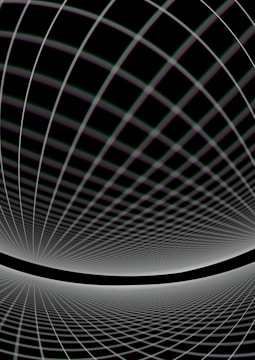 A sleek black-and-white diagram showing spacetime curvature with intersecting grids.