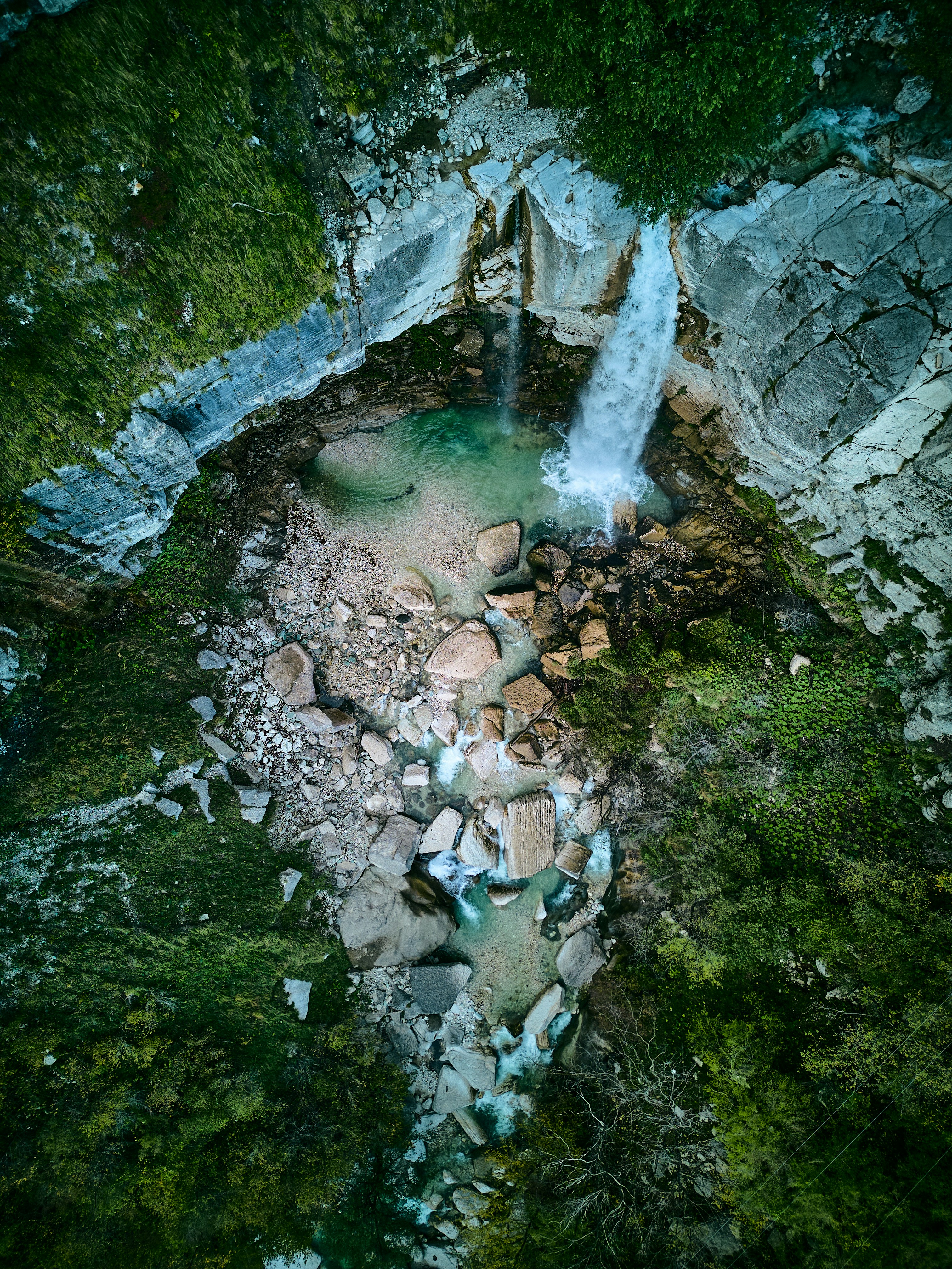 숲 한가운데에 있는 폭포의 조감도