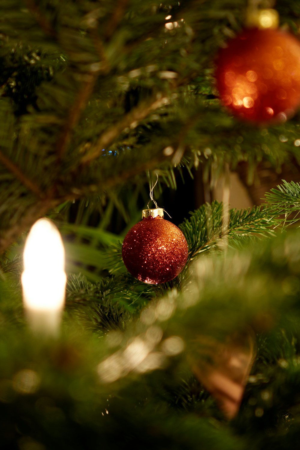 a close up of a christmas tree with a lit candle