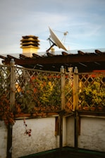 A rooftop garden features wooden trellises adorned with various plants and climbing vines. In the background, a satellite dish is mounted next to a chimney. The scene is bathed in soft, natural light, giving it a warm and serene appearance.