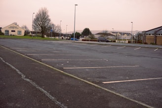 An empty parking lot with marked parking spaces and a few scattered leafless trees. A community center is visible to the left, and a row of residential houses stretches into the distance. A lone car is parked on the side of the road, and the scene is overcast, suggesting a cool or early morning atmosphere.