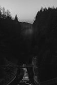 An elegant black and white image of a winding river cutting through a dark forest.