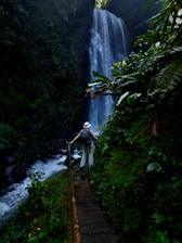 A person wearing a backpack and hat is walking on a narrow bridge through a lush, green jungle towards a tall, cascading waterfall. The area is densely overgrown with various tropical plants and the water from the waterfall creates a misty atmosphere.