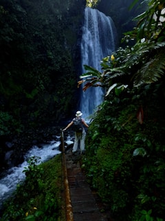 A person wearing a backpack and hat is walking on a narrow bridge through a lush, green jungle towards a tall, cascading waterfall. The area is densely overgrown with various tropical plants and the water from the waterfall creates a misty atmosphere.