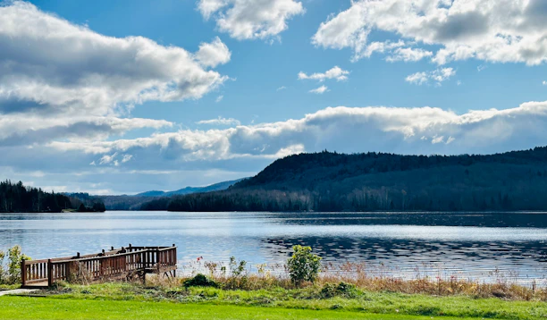 A serene lakeside view with a small dock and a medical professional enjoying the peaceful surroundings.
