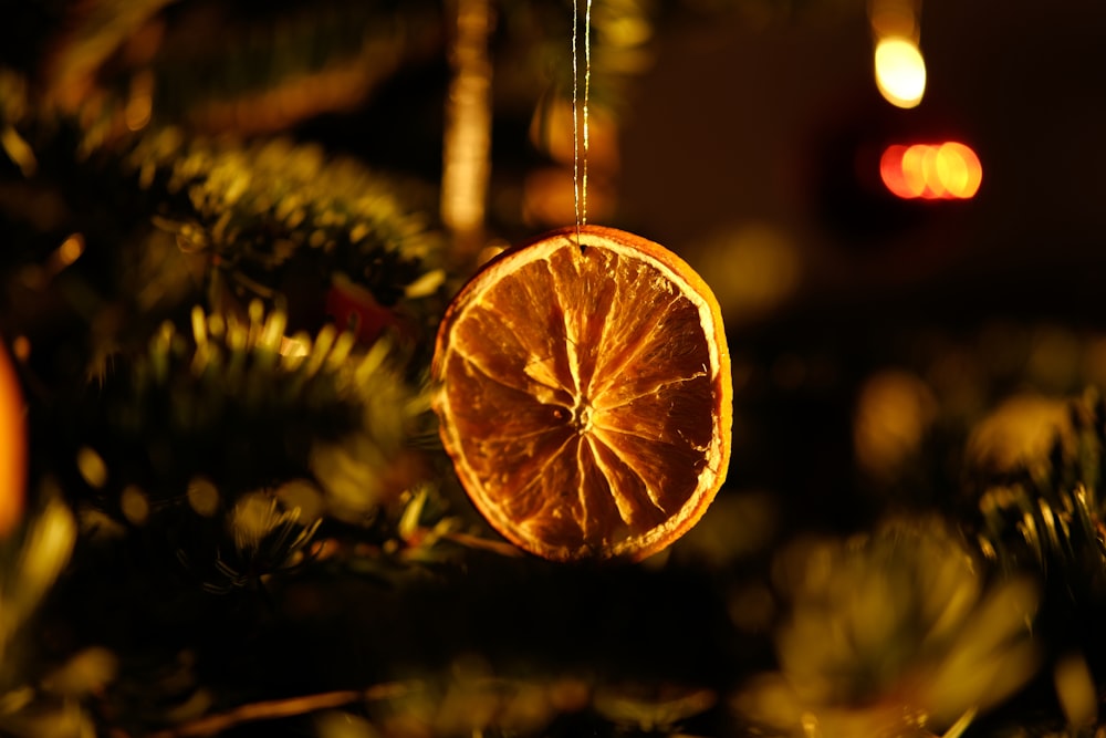 an orange ornament hanging from a christmas tree