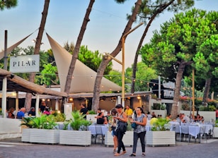 Outdoor seating area of a popular local restaurant surrounded by lush greenery.