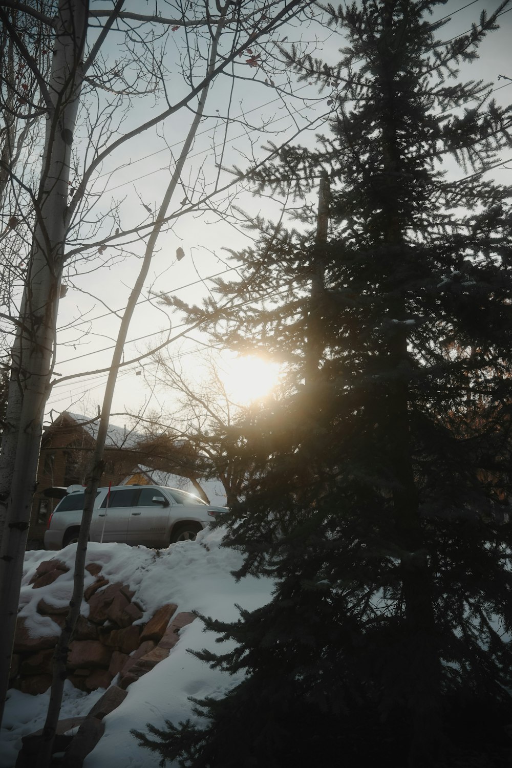 a car is parked in the snow near some trees