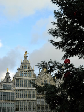 A large Christmas tree with red ornaments stands in the foreground, partially covering a portion of ornate, historic European buildings that feature intricate architectural details and statues on the rooftops. The sky is partly cloudy with patches of blue.