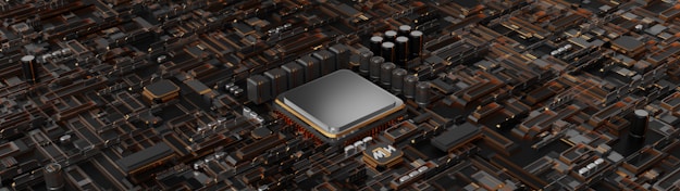 A detailed close-up of a computer motherboard, showcasing complex circuitry and various electronic components. A central square metallic component, possibly a chip, is surrounded by numerous small cylindrical capacitors and other intricate elements.