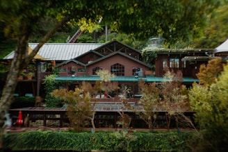 A rustic wooden building with multiple stories and large windows, surrounded by lush greenery and trees. The rooftop is made of green metal sheets, blending harmoniously with the natural environment. Ivy and various plants adorn the exterior, creating a serene and cozy atmosphere.