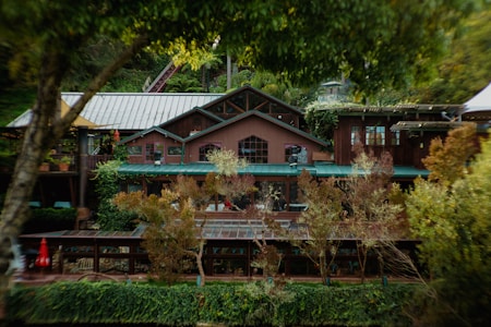 A rustic wooden building with multiple stories and large windows, surrounded by lush greenery and trees. The rooftop is made of green metal sheets, blending harmoniously with the natural environment. Ivy and various plants adorn the exterior, creating a serene and cozy atmosphere.