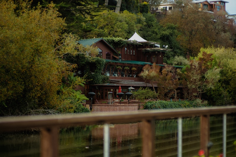 A rustic, multi-level wooden lodge is nestled within lush greenery, with ivy and trees surrounding it. The building's green roof blends with the natural environment. Patio umbrellas are visible on a terrace, suggesting an outdoor seating area. The foreground features a reflective body of water and a wooden railing.