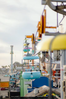 A cinematic snapshot of a guest soaring above a theme park, captured in dynamic, vibrant colors.
