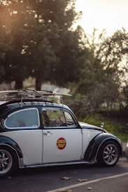 A vintage Volkswagen Beetle with a 'Santa Cruz' sticker on the side is parked on a paved road. The car features a roof rack with various items secured on top. Surrounding the car are tall trees with lush green foliage, and the lighting suggests a warm, golden hour ambiance.