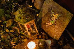 A whimsical witch’s cottage garden glowing under a full moon with magical herbs and potion bottles