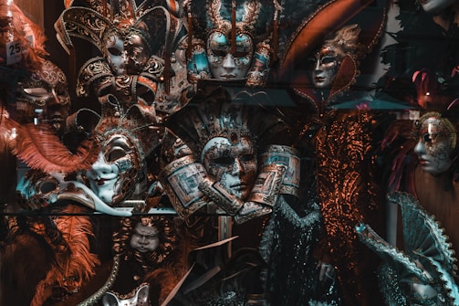 Close-up of vibrant carnival masks handmade by local artisans