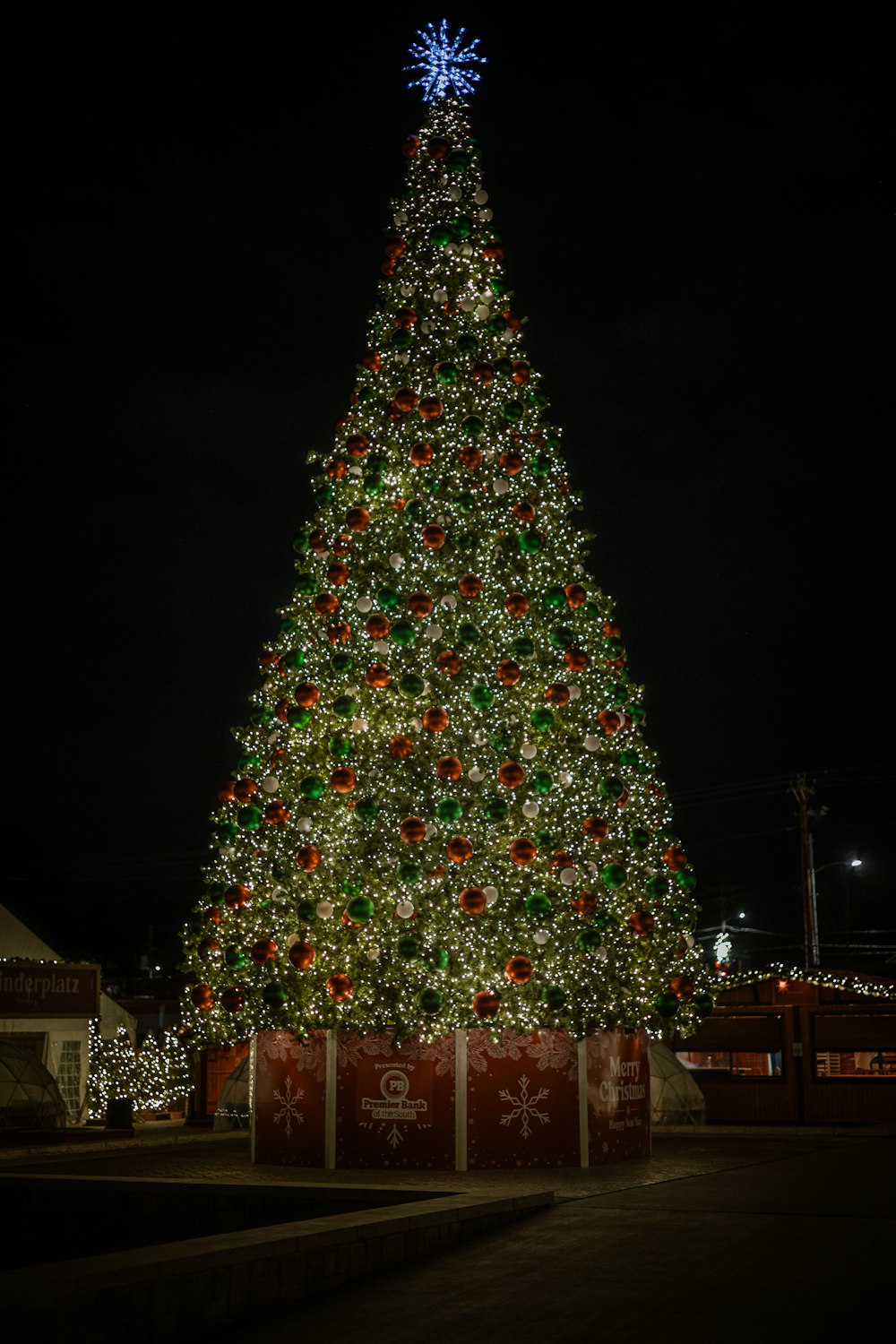 a large christmas tree lit up at night