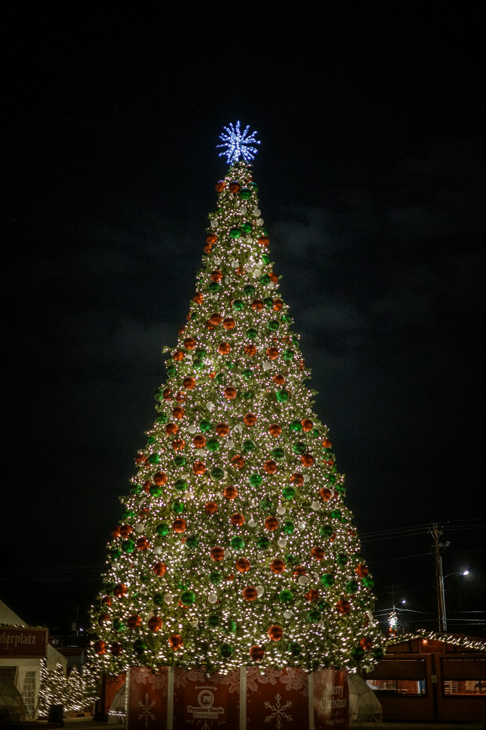 a large christmas tree lit up at night