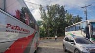 A busy roadside scene featuring two large buses and a car parked on the side of the road. The surrounding environment includes tall trees and utility poles with power lines. One of the buses is labeled 'Peñafrancia Tours and Travel Transport Inc.', and the other is from 'Bicol Isarog'. A person stands on the roadside near the buses.