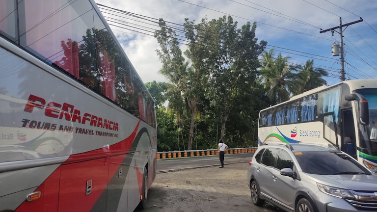 A busy roadside scene featuring two large buses and a car parked on the side of the road. The surrounding environment includes tall trees and utility poles with power lines. One of the buses is labeled 'Peñafrancia Tours and Travel Transport Inc.', and the other is from 'Bicol Isarog'. A person stands on the roadside near the buses.