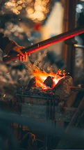 Close-up of a hand forging steel with sparks flying in a traditional workshop.