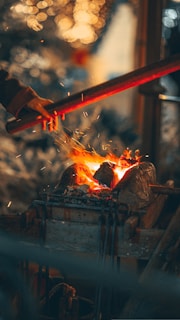 A person's hand holds a long metal rod against glowing coals in a forge, with sparks flying. The background is a warm blur of lights, suggesting a workshop or industrial setting.