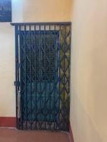 A metal accordion-style security gate is closed in front of a wooden door with a dark, weathered finish. The walls surrounding the door are painted in a pale yellow hue, and a red trim lines the floor. There is a small portion of an artwork visible in the upper left corner.