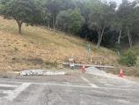 A sloped area of dry grass and several trees in the background, with a road at the forefront. Two construction cones and a barricade are present near a pipe and a small pile of gravel. A sign is also visible, mounted on a metal post.