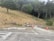 A sloped area of dry grass and several trees in the background, with a road at the forefront. Two construction cones and a barricade are present near a pipe and a small pile of gravel. A sign is also visible, mounted on a metal post.