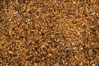 A dense layer of small wood chips covering the ground. The chips vary in size and shape, creating a textured surface. The colors range from light tan to rich brown with some darker pieces interspersed, giving the image a natural, organic look.