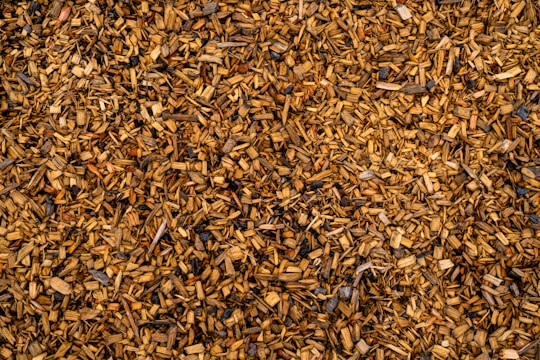 A dense layer of small wood chips covering the ground. The chips vary in size and shape, creating a textured surface. The colors range from light tan to rich brown with some darker pieces interspersed, giving the image a natural, organic look.