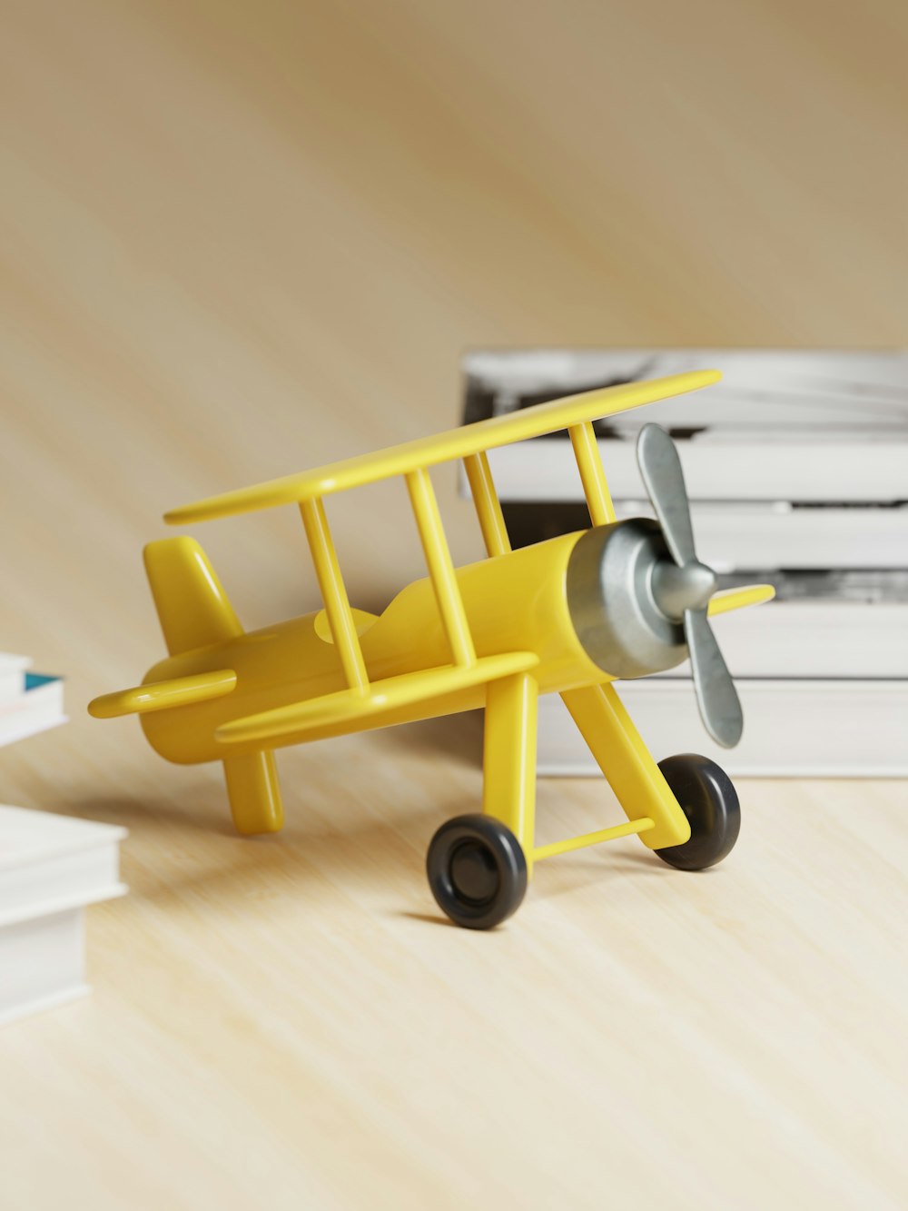 a toy airplane sitting on top of a wooden table