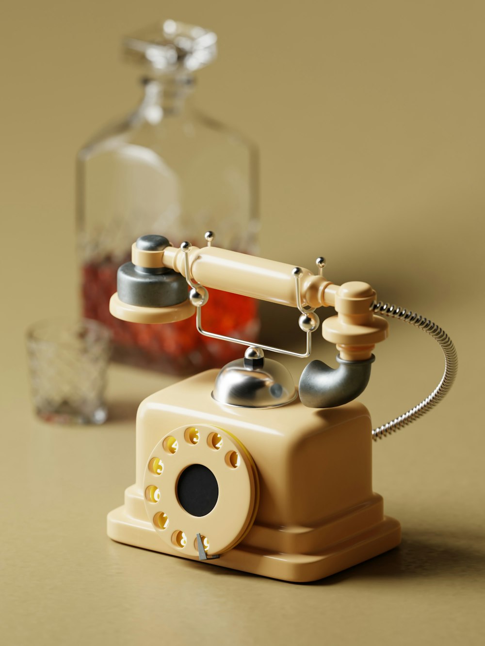 a toy phone sitting on top of a table next to a bottle