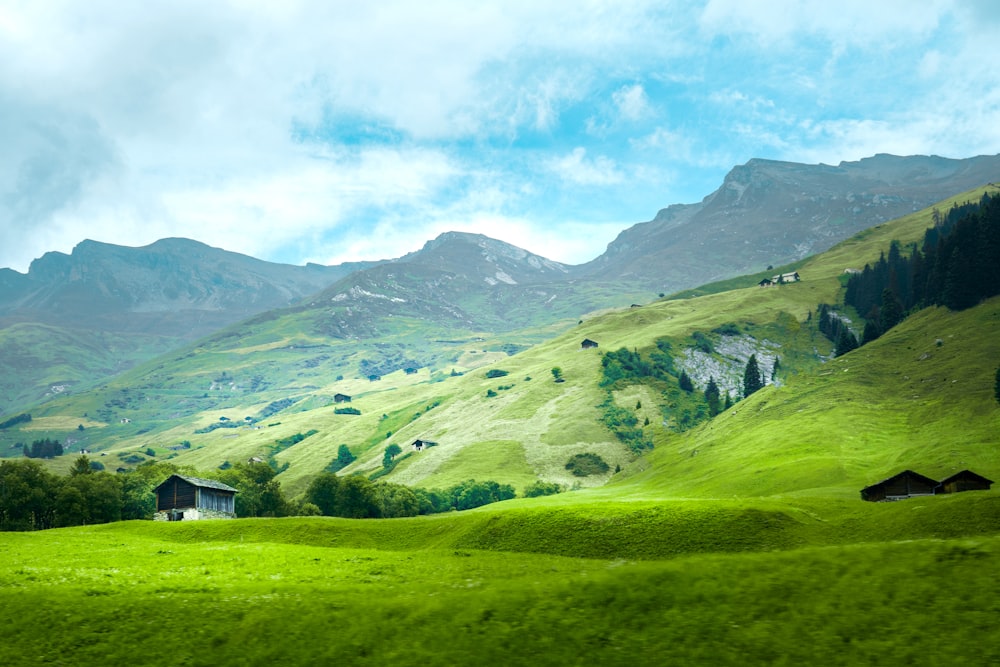 a green field with a house in the middle of it