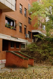 A brick apartment building with balconies, where laundry is hanging on one of the balconies, surrounded by green leafy trees. There are visible stairs leading to an entrance, and graffiti is seen on the lower part of the building.