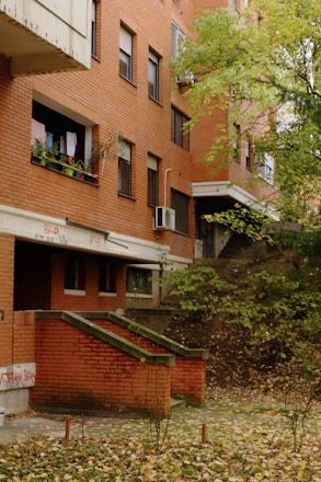 A brick apartment building with balconies, where laundry is hanging on one of the balconies, surrounded by green leafy trees. There are visible stairs leading to an entrance, and graffiti is seen on the lower part of the building.