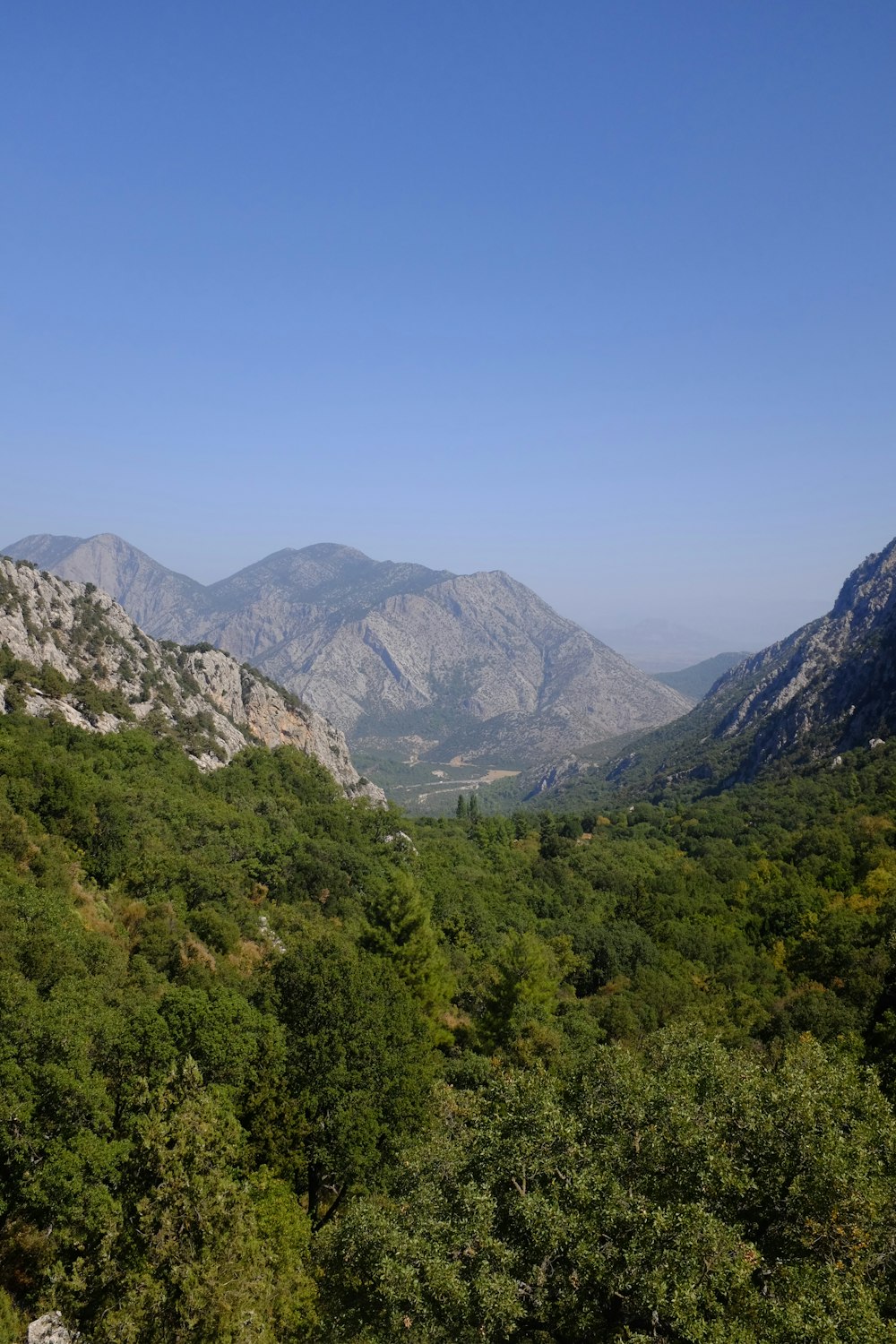 a view of a mountain range with trees and mountains in the background