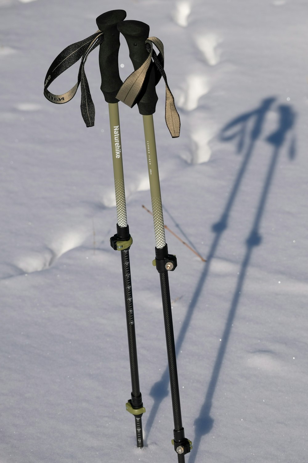 due bastoncini da sci che spuntano dalla neve