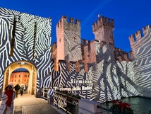 A medieval castle facade with intricate light projections creating organic patterns across the walls. The scene takes place at dusk, with a deep blue sky as the backdrop. Several people are walking through an archway on the left, with a person in a white coat and red scarf prominent in the foreground.