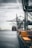 A large cargo ship is docked at an industrial port with towering cranes. Shipping containers are stacked on the ship and along the dock. The sky is overcast, creating a muted ambiance over the water.