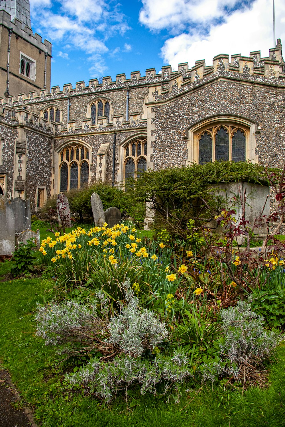 a large building with a bunch of flowers in front of it