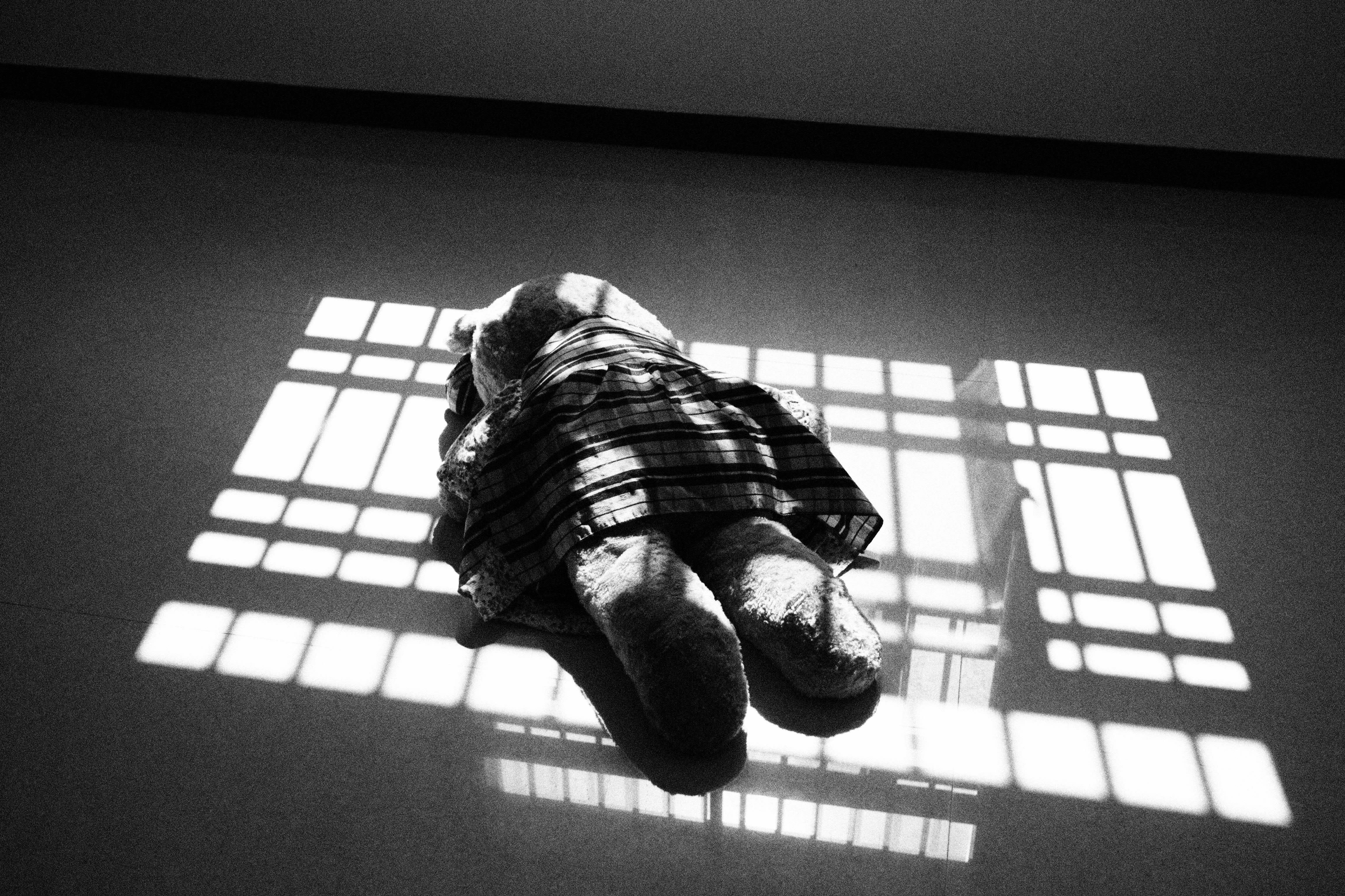 a teddy bear that is laying down on the floor