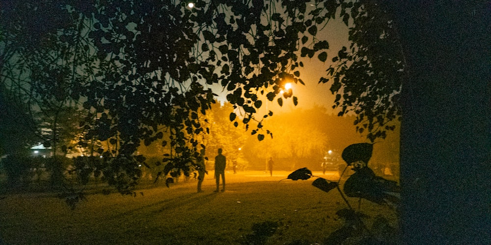 a couple of people walking down a street at night