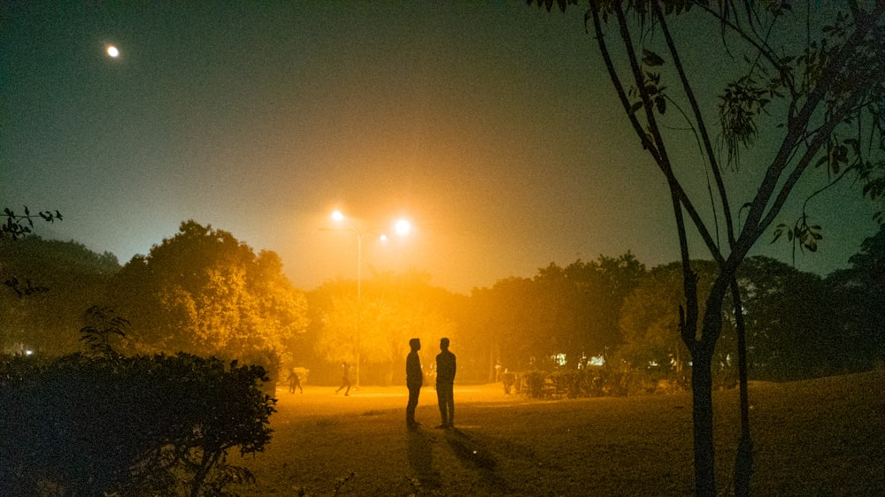 two people standing in a park at night