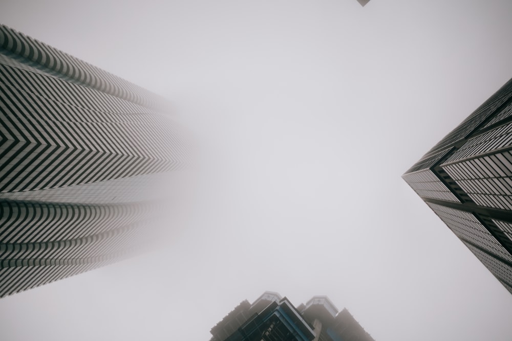 looking up at tall buildings in a foggy city